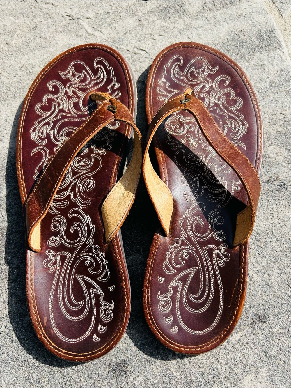 OluKai Women’s Size 8 Brown Leather Flip-Flops Sandals with Embroidered Footbed